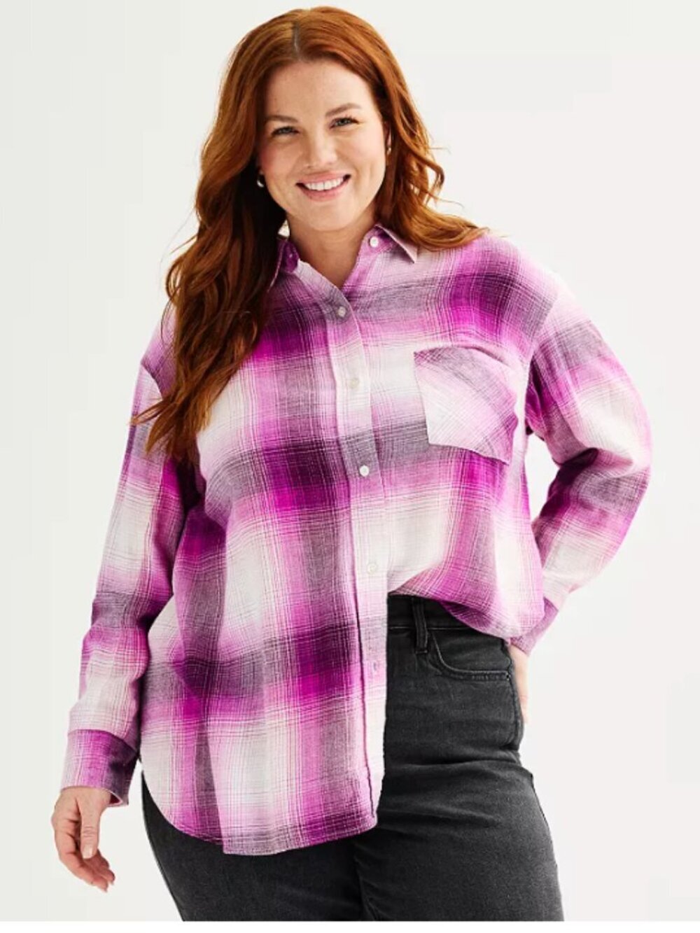 Sonoma Women's Size Large Oversized Boyfriend Flannel Shirt Dark Purple Plaid